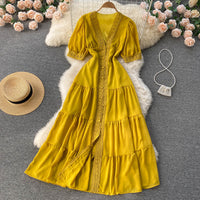 Short sleeve V neck tiered maxi chiffon dress