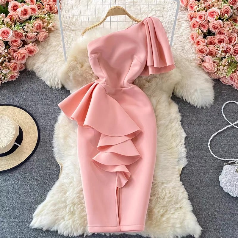 One shoulder ruffle front slit cocktail dress