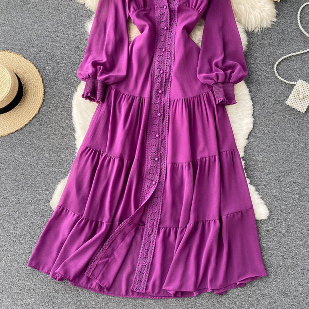 Long sleeve V neck tiered maxi chiffon dress