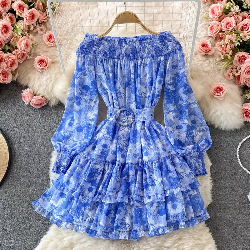 Cuff sleeve off shoulder floral ruffle layers mini chiffon dress