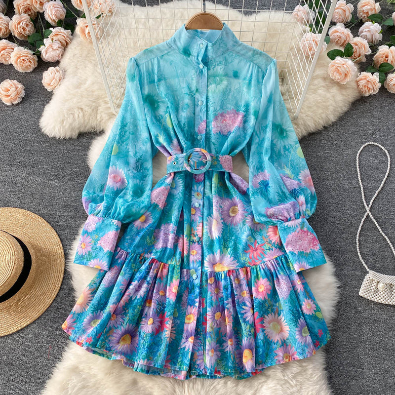 Belted button down chrysanthemum on blue mini dress