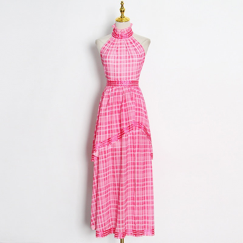 Halter asymmetrical layers side split plaid dress