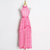 Halter asymmetrical layers side split plaid dress