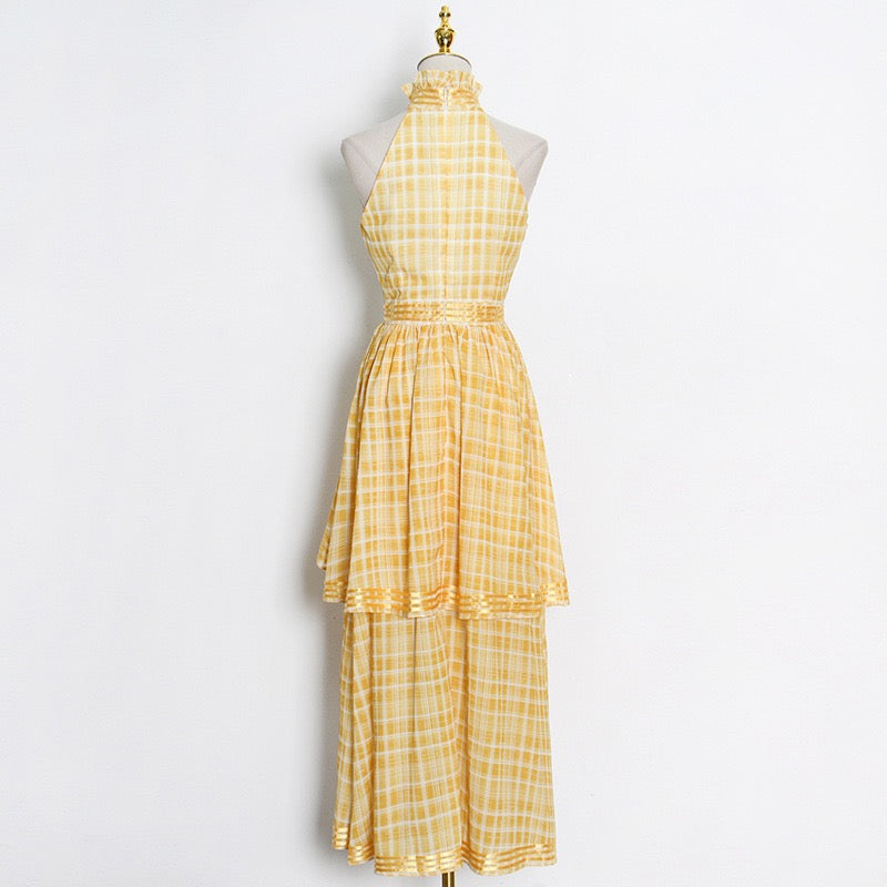 Halter asymmetrical layers side split plaid dress