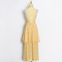 Halter asymmetrical layers side split plaid dress