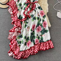 One shoulder asymmetrical ruffle roses maxi dress