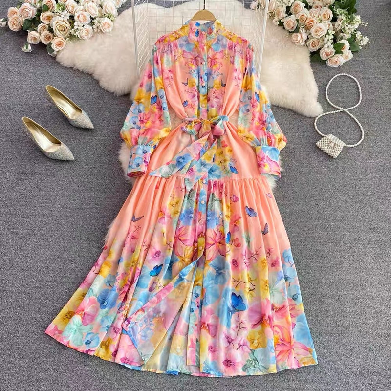 Belted button through floral chiffon maxi dress