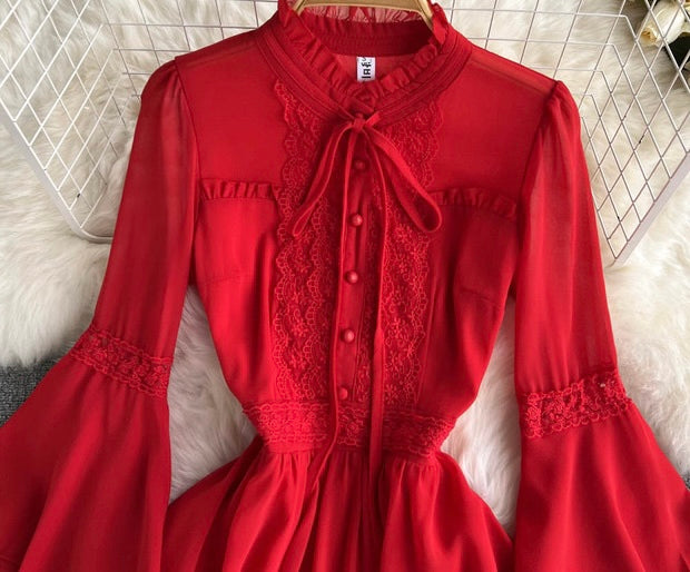 Flounce sleeve bowknot embellished lace maxi dress in red