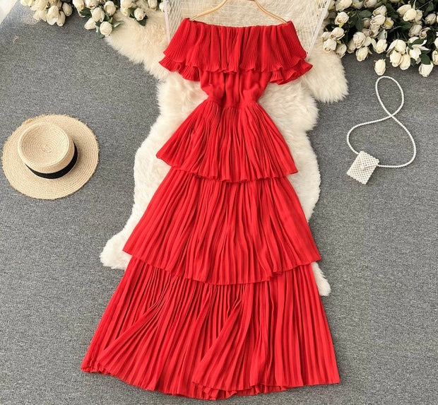 Off shoulder flappy pleated layers slit dress