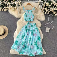 Watercolor smocked tie strappy croptop and midi skirt set