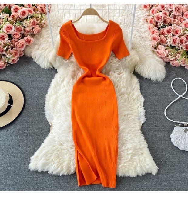 Short sleeve square neck knit slit dress