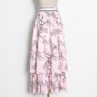 Ruffle heart neckline crop top and belted layers skirt set in pink