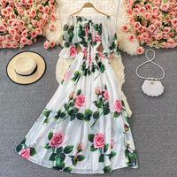 Off shoulder smocked waist roses print maxi dress