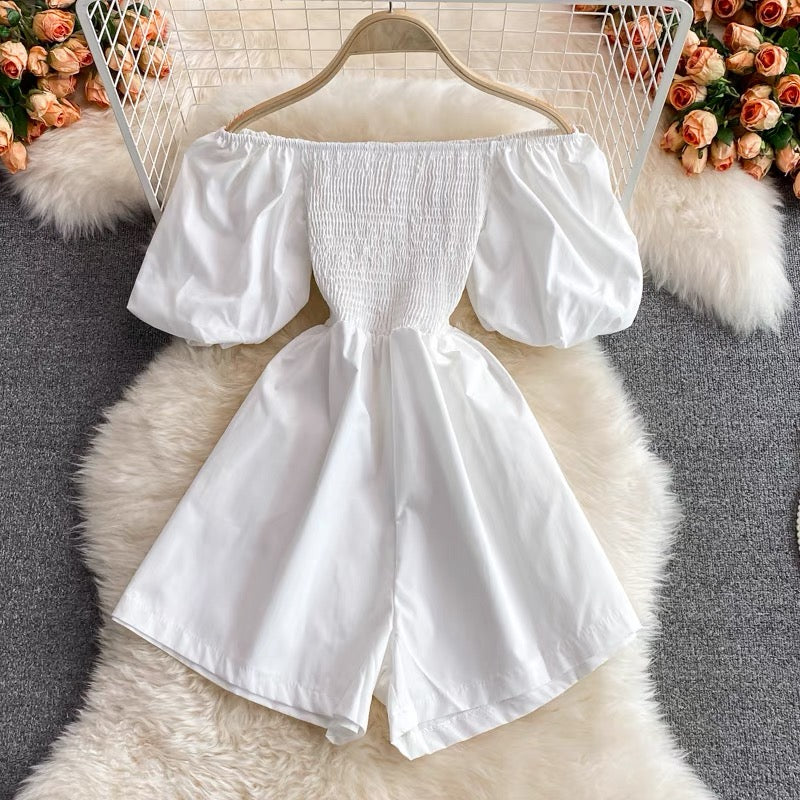 Off shoulder smocked bodice romper