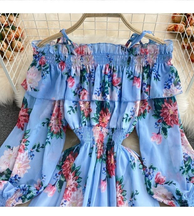 Off shoulder Shirring sleeve floral pouf dress