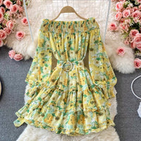 Cuff sleeve off shoulder floral ruffle layers mini chiffon dress