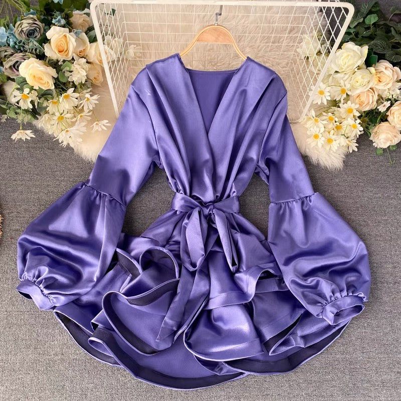 Lantern sleeve V neck ruffle layers satin dress