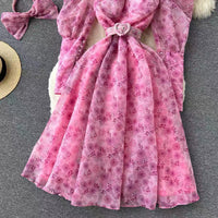 Belted sweet Caroline chiffon floral midi dress