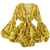 Lantern sleeve floral ruffle layers dress