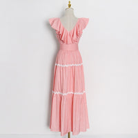 Ruffle heart neck belted maxi dress