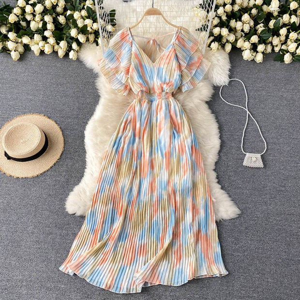 Tie dye pleated midi dress