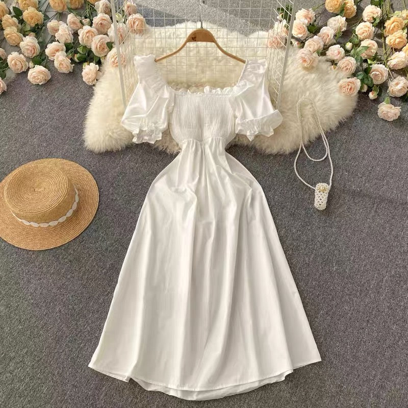 Back bowknot smocked bodice solid white midi dress