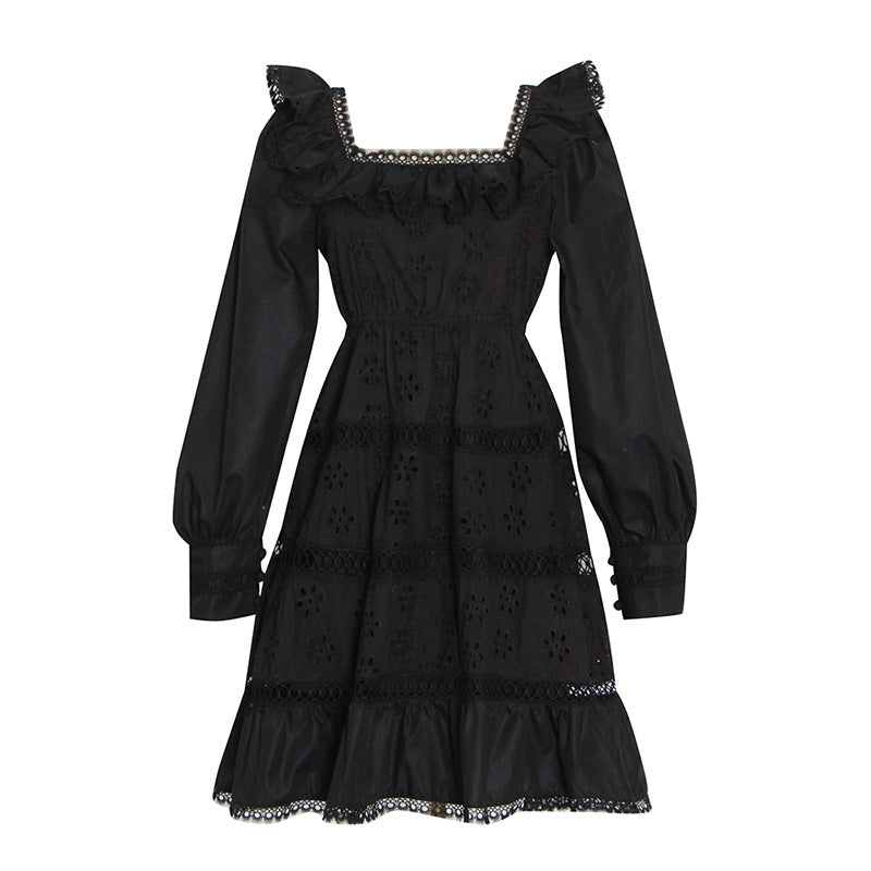 Eyelet embroidery ruffle neckline A line dress