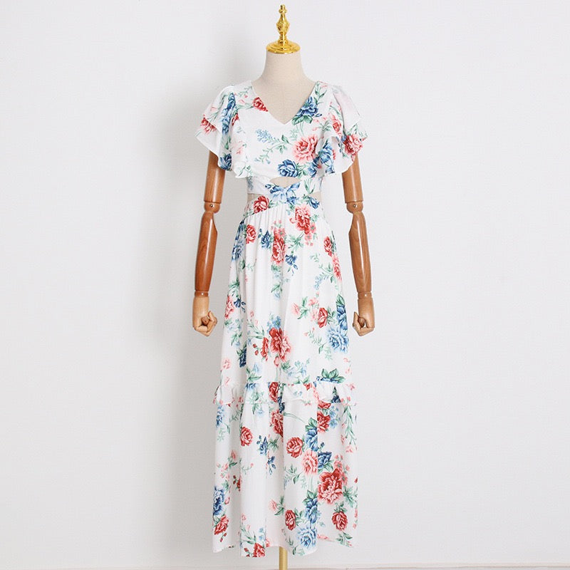 Butterfly sleeve criss cross cut out floral maxi dress