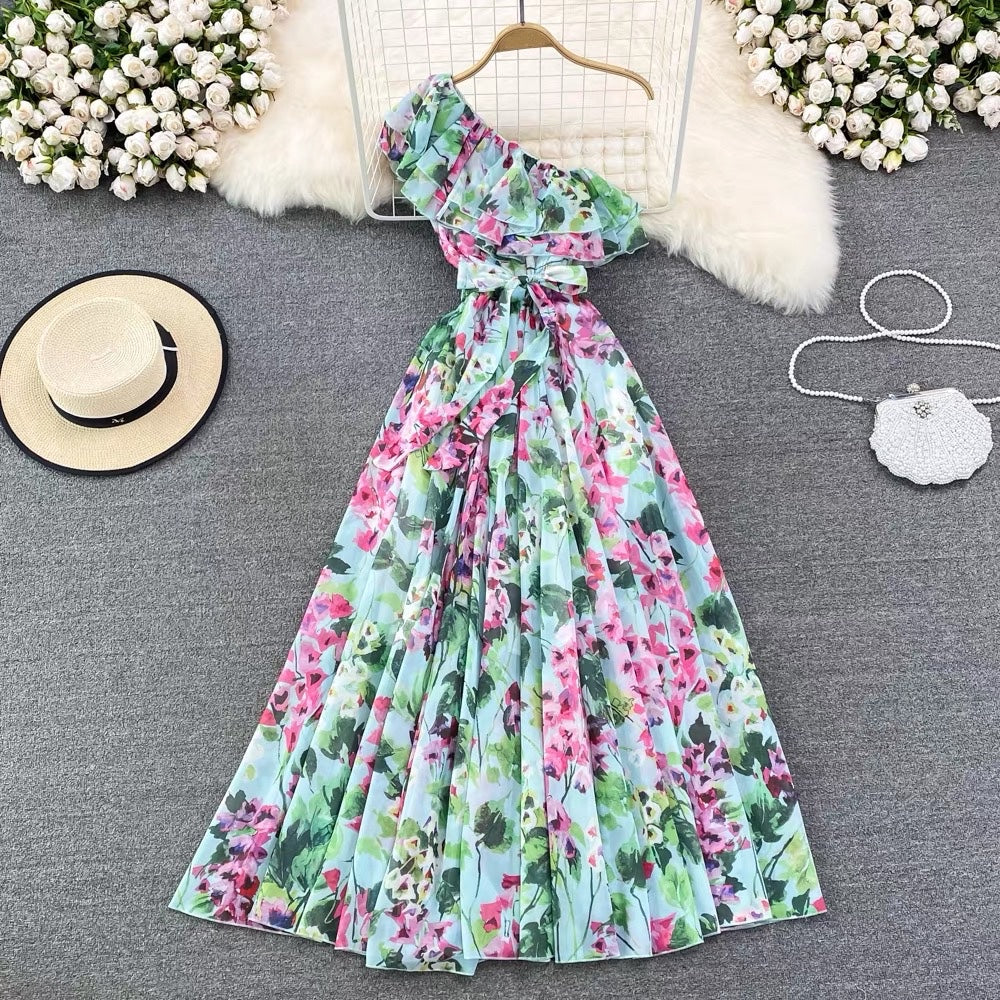 One shoulder ruffle floral maxi dress