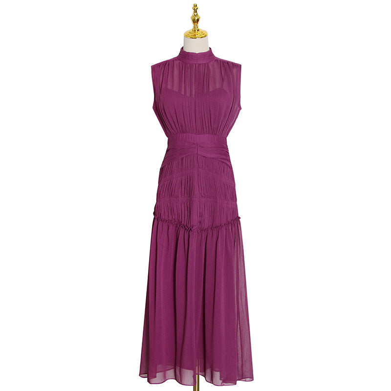 Sleeveless shirring chiffon midi dress