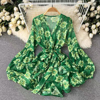 Lantern sleeve floral ruffle layers dress