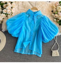 Melon sleeve cutout wing collar top