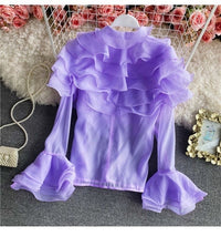 Flounce sleeve ruffle front with pearls button blouse