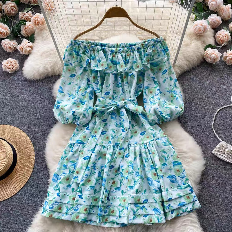 Belted off shoulder floral drop waist mini dress