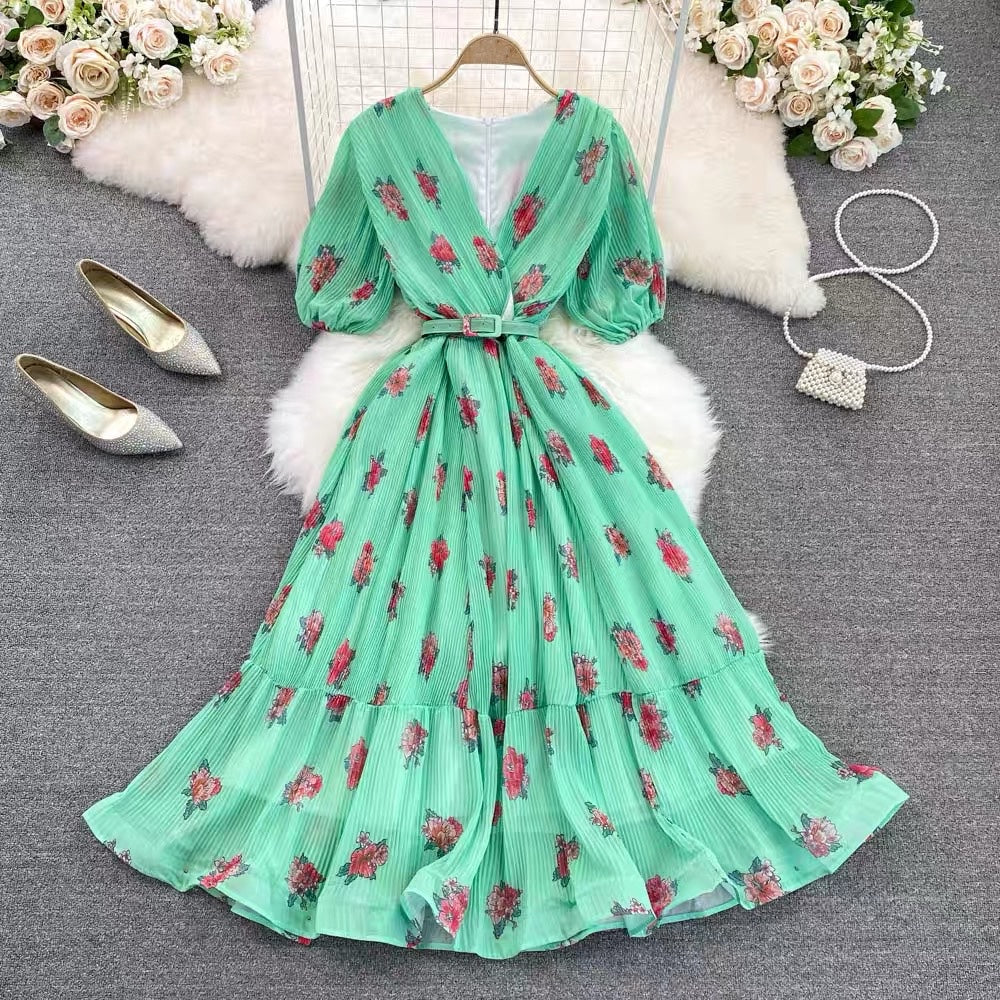 Belted floret field ruffle plisse dress