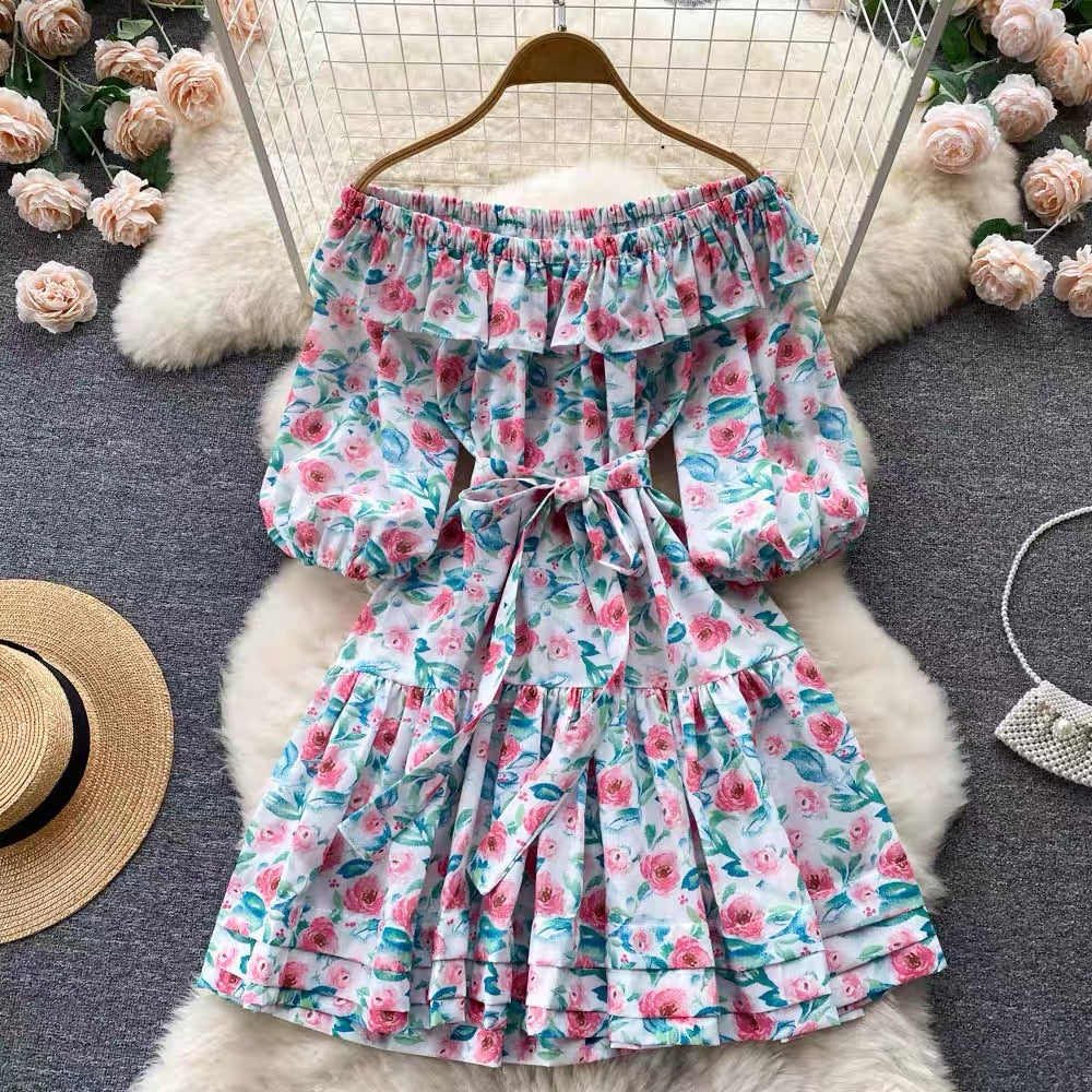 Belted off shoulder floral drop waist mini dress