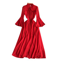 Flounce sleeve bowknot embellished lace maxi dress in red