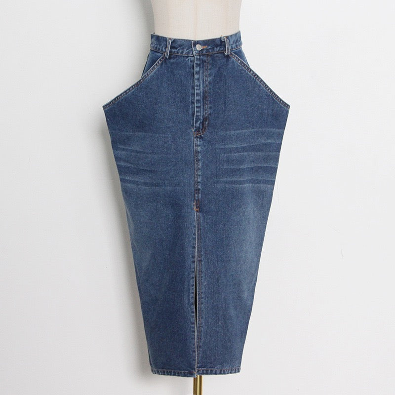 Front slit cowl skirt in denim