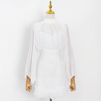 Bishop sleeve shirring mini chiffon dress