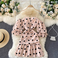 Off shoulder sweetheart with heart prints on chiffon dress