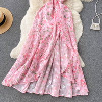 One shoulder asymmetrical side split pink floral maxi dress