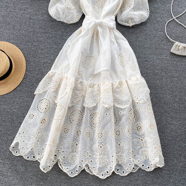 Belted eyelet embroidery lace midi dress