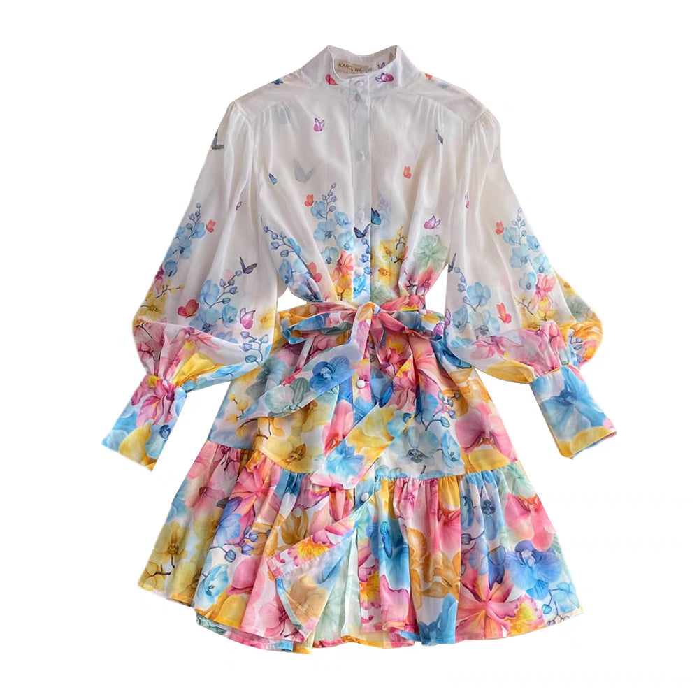 Belted button down floral chiffon mini dress