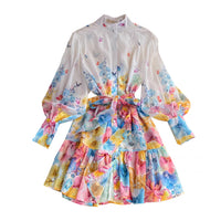 Belted button down floral chiffon mini dress