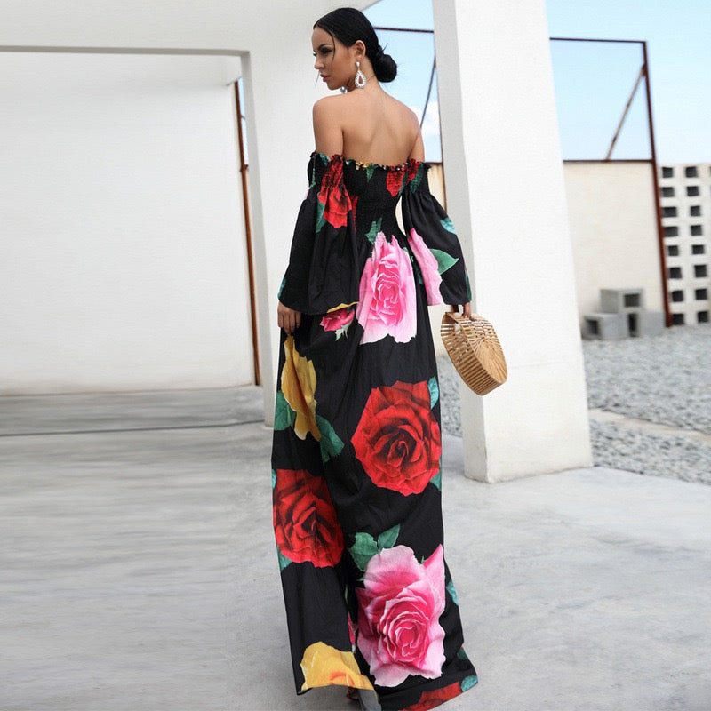 The extraordinary roses off shoulder smocked bodice maxi dress