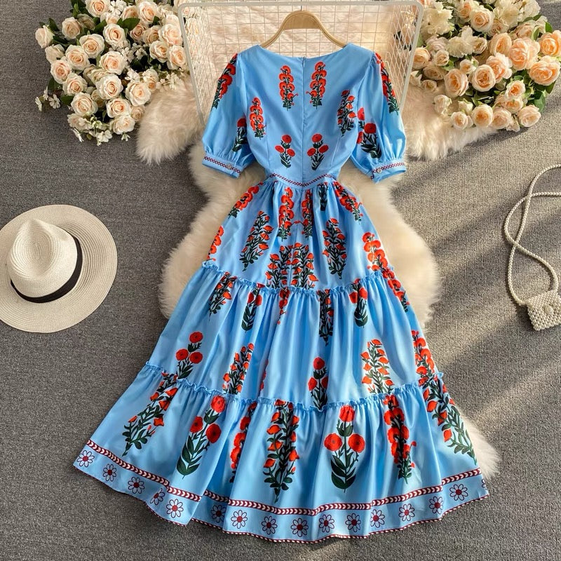 Red floret on blue midi dress