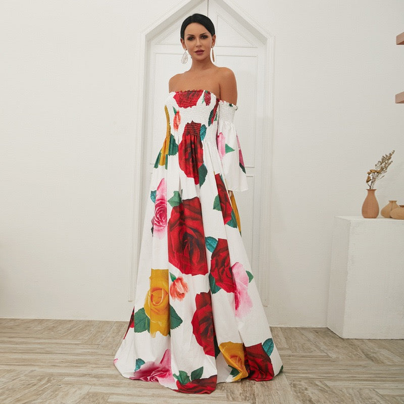 The extraordinary roses off shoulder smocked bodice maxi dress