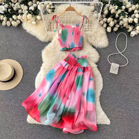 Watercolor smocked tie strappy croptop and midi skirt set