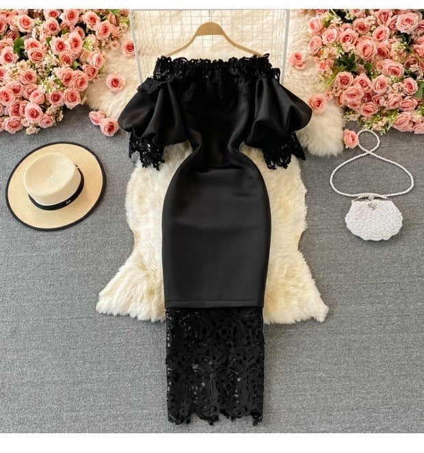 Off shoulder puff sleeve extender lace trim dress