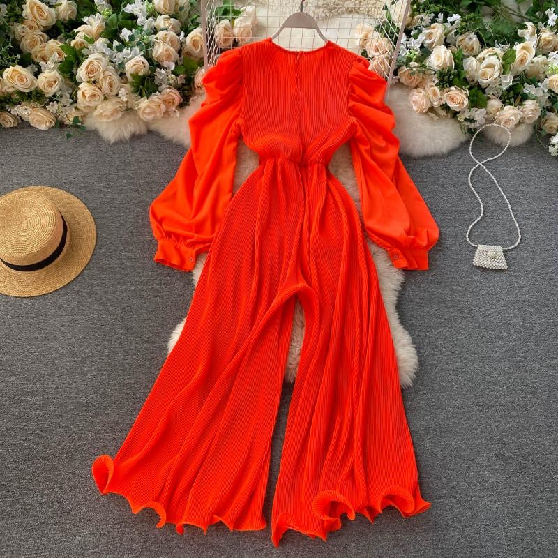 V neck wavy wide leg plisse jumpsuit